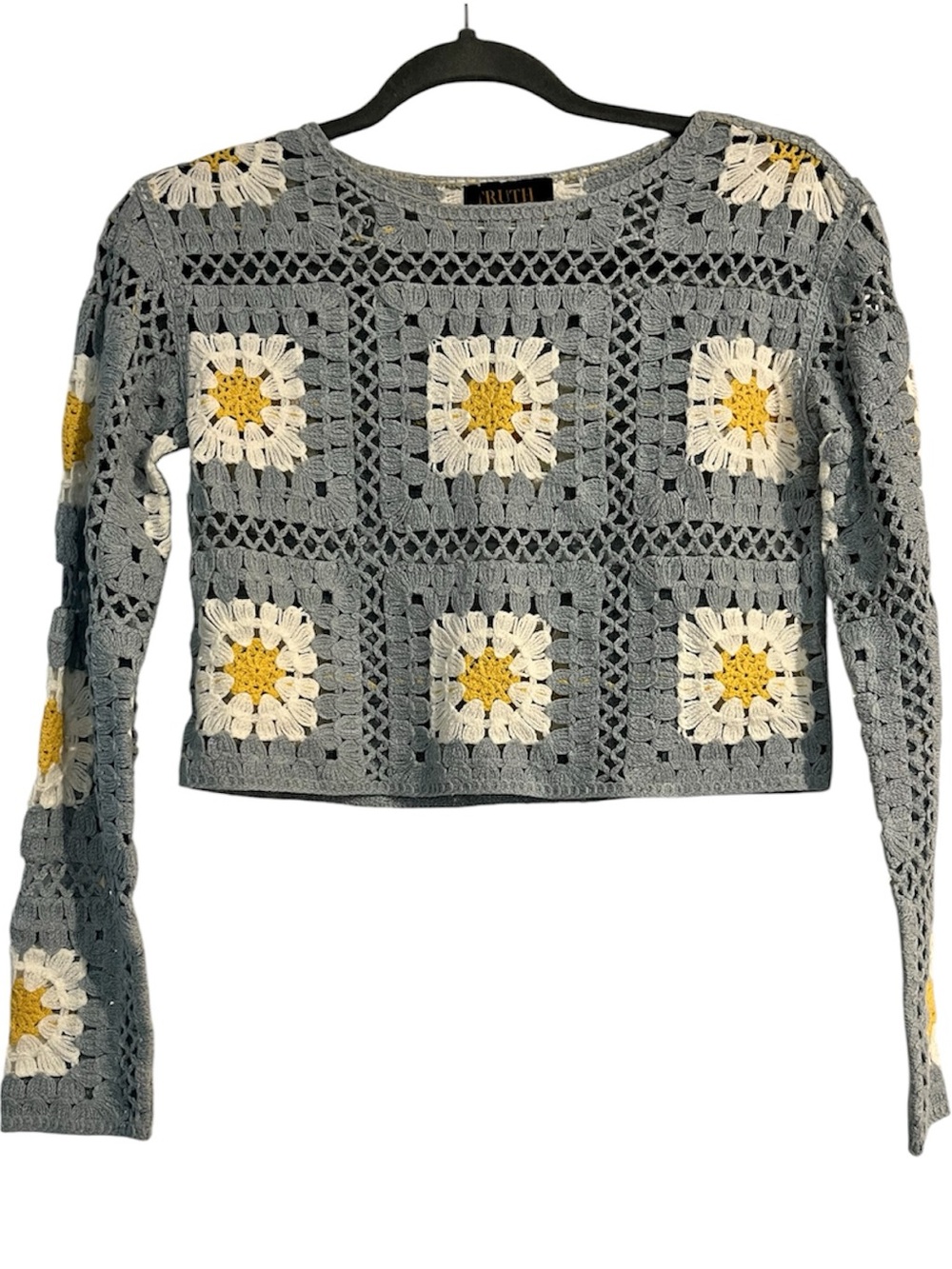 Truth By Republic Cropped Granny Square Crochet Festival Sweater Blue Boho XS